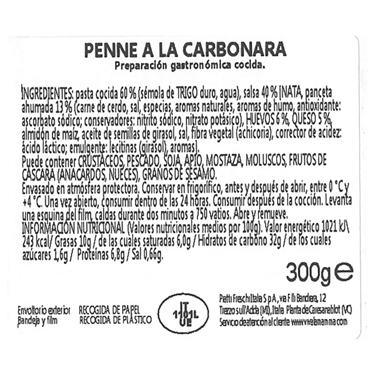 Macarrones a la carbonara 300 g.