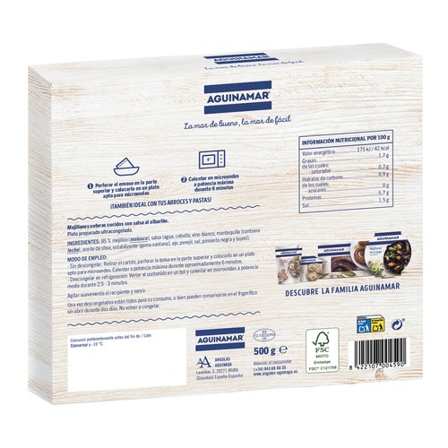 AGUINAMAR Mejillones enteros, cocidos con salsa al albariño AGUINAMAR 500 g.