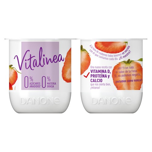 VITALINEA Yogur desnatado 0% materia grasa, con sabor a fresa de Danone 4 x 120 g.
