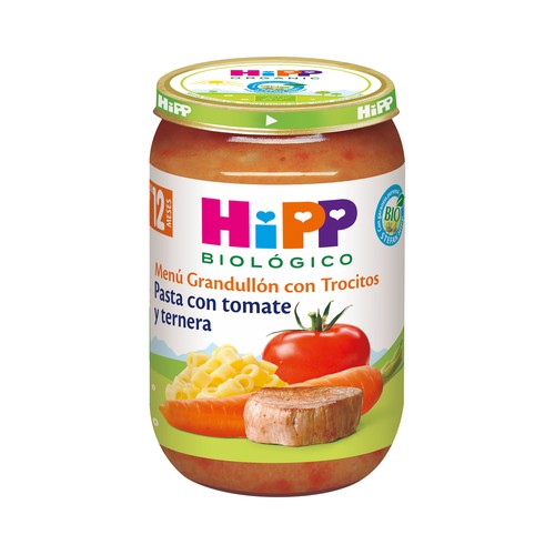 HIPP Biológico Tarrito (con trocitós) de pasta con tomate y ternera, a partir de 12 meses 220 g.