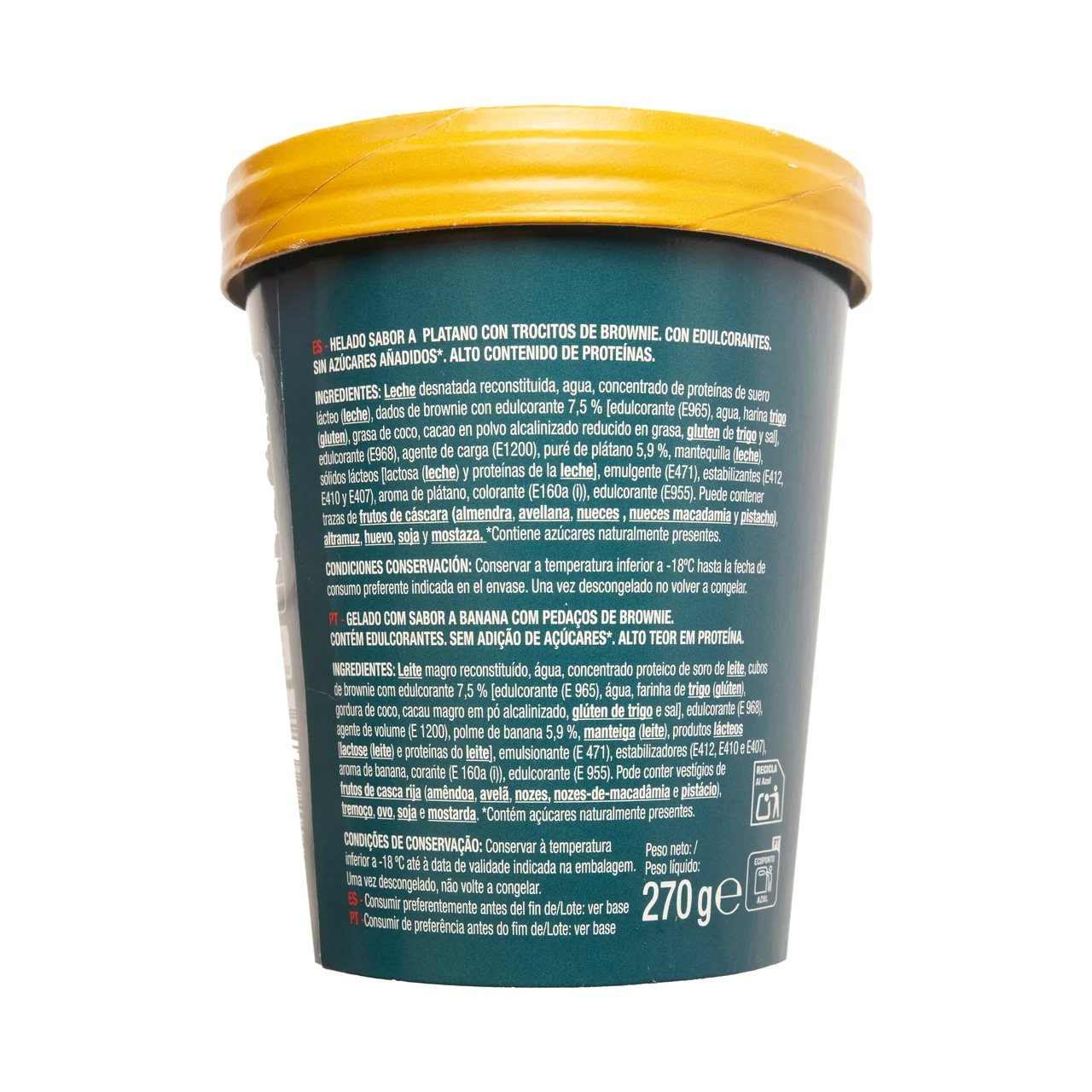 AUCHAN Protein+ Tarrina de helado de plátano y brownie proteico 500 ml. 270 g. Producto Alcampo