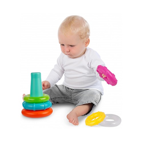 Pirámide de aros apilables con diferentes colores y texturas, PLAYGRO.