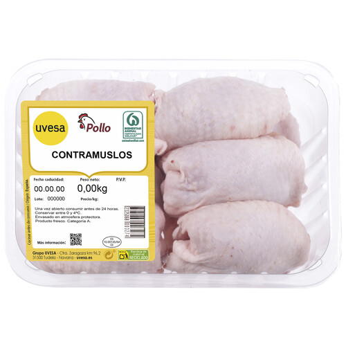 Contramuslos de pollo blanco, limpios y con piel Bandeja