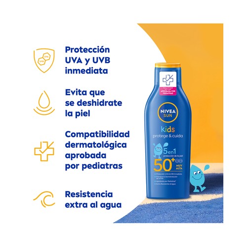 NIVEA Sun kids Leche solar protectora, especial para niños con factor de protección 50+ (muy alto) 200 ml.