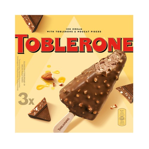 TOBLERONE Helado de chocolate con miel recubierto de chocolate con leche y trocitos de almendra 3 x 90 ml.