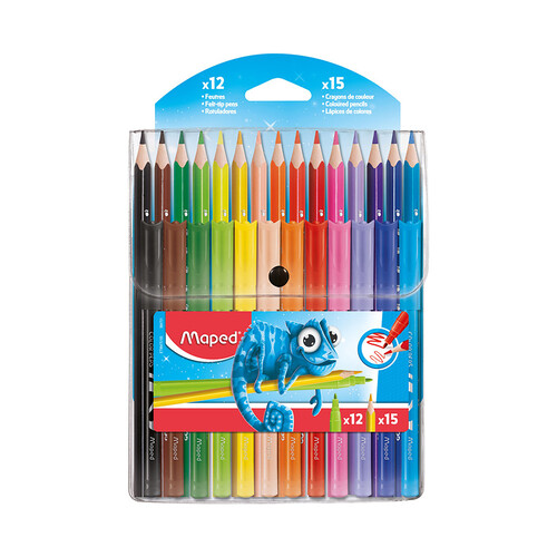 Pack de 12 rotuladores y 15 lápices de colores en un práctico estuche para uso escolar, MAPED.