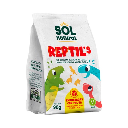 SOL NATURAL Reptil´s Galletas ecológicas de avena integral y AOVE, endulzadas con fruta 90 g.