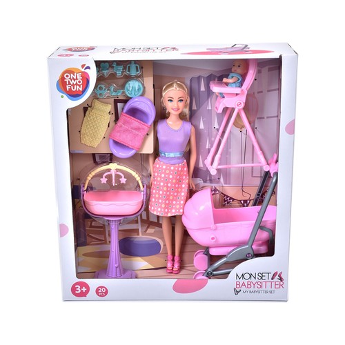 Set de Muñeca Cuidadora + accesorios ONE TWO FUN ALCAMPO, 20 piezas +3 años.