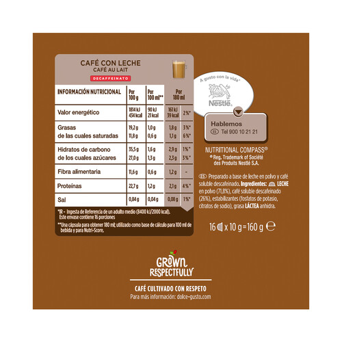 NESCAFÉ DOLCE GUSTO Café descafeinado con leche en cápsulas NESCAFÉ DOLCE GUSTO 16 uds. 160 g.