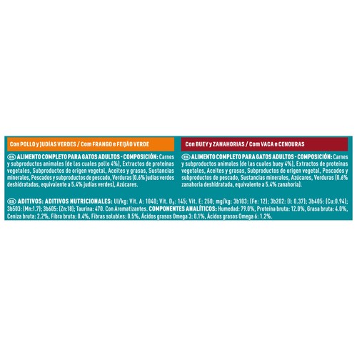 PURINA One Comida para gatos adultos a base de pollo y judías verdes (2) y buey y zanahorias (2) 4 x 85 g.