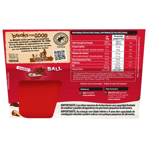 NESTLÉ Yogur de natural azucarado con trocitos de galletas de chocolate con leche Kit kat 2 x 115 g.