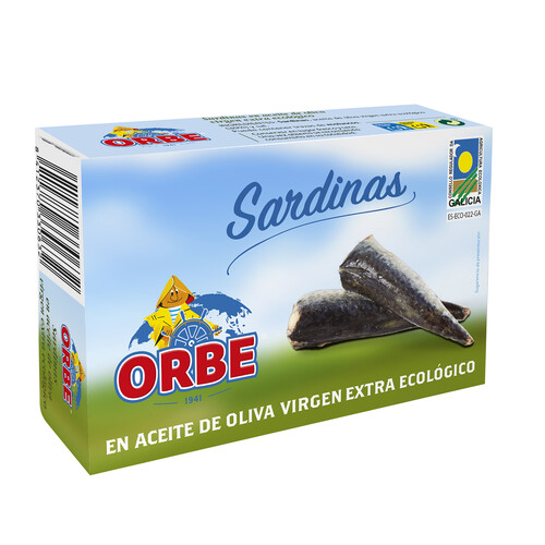 Sardinas en aceite de oliva virgen extra ecológico, bajo en sal ORBE 87 g.