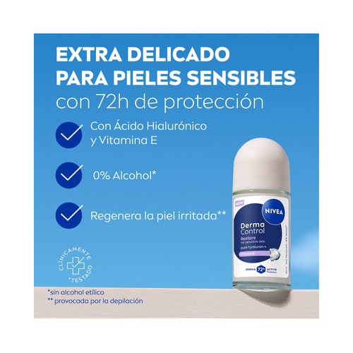 NIVEA Derma control restore Desodorante roll on para mujer, antitranspirante hasta 72 horas 50 ml.