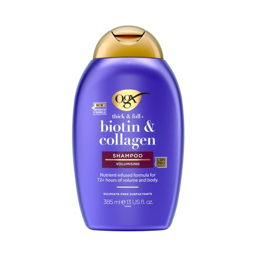 OGX Biotin & collagen Champú voluminizador de Biotina y colágeno, para 72 horas de volumen 385 ml.
