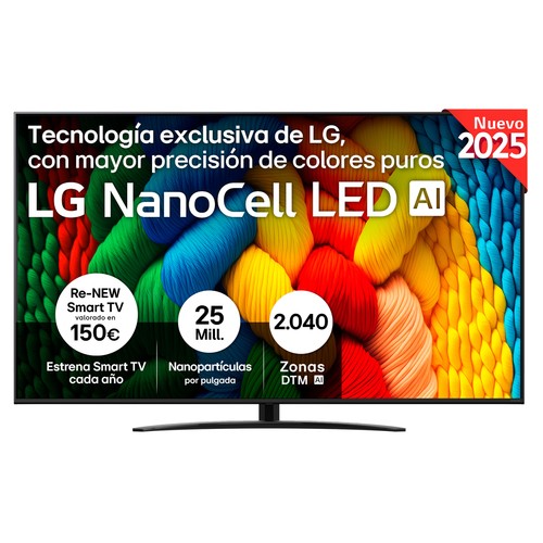 Televisión 190,5 cm (75")  Nanocell LG 75NANO81A6A, 4K, Smart TV, Ultra HD,3HDMI, USB, HDR, webOS25 IA, 60Hz.