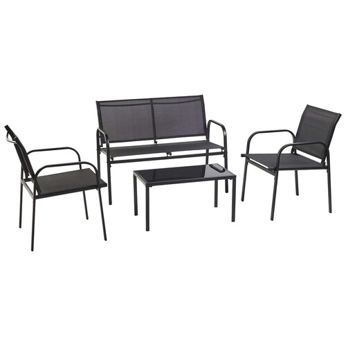 Conjunto 4 piezas con sofá, 2 sillas y mesa de acero y textileno color negro, GARDEN STAR ALCAMPO.
