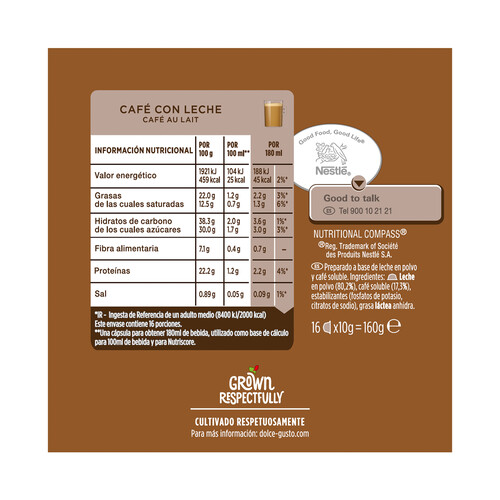 NESCAFÉ DOLCE GUSTO Café con leche (leche en polvo y café soluble) en cápsulas NESCAFÉ Dolce Gusto 18 uds.