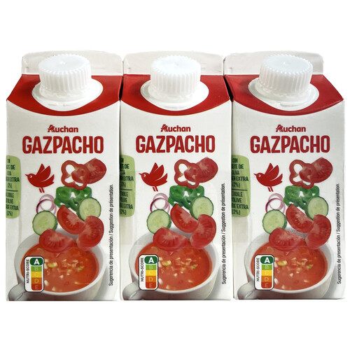 AUCHAN Gazpacho pasteurizado, elaboado con aceite de oliva virgen extra 3 x 330 ml. Producto Alcampo