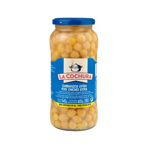 LA COCHURA Garbanzo cocido extra con bajo contenido en sal frasco de 400 g.