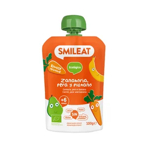 SMILEAT Ecológico Bolsita de zanahoria, pera y plátano ecológicos a partir de 6 meses 100 g.
