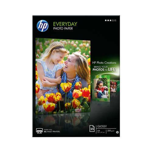 Pack de 20 hojas fotográficas HP Everyday Glossy (Q5451A), brillante, 21 x 29,7cm, 200g/m².