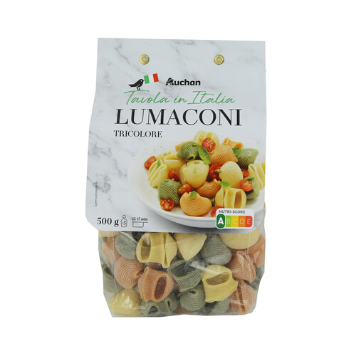 PRODUCTO ALCAMPO Pasta tricolor Lumaconi con espinacas y tomate Tavola in Italia 500 g.
