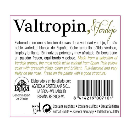VALTROPIN  Vino blanco verdejo con D.O. Rueda botella de 75 cl.