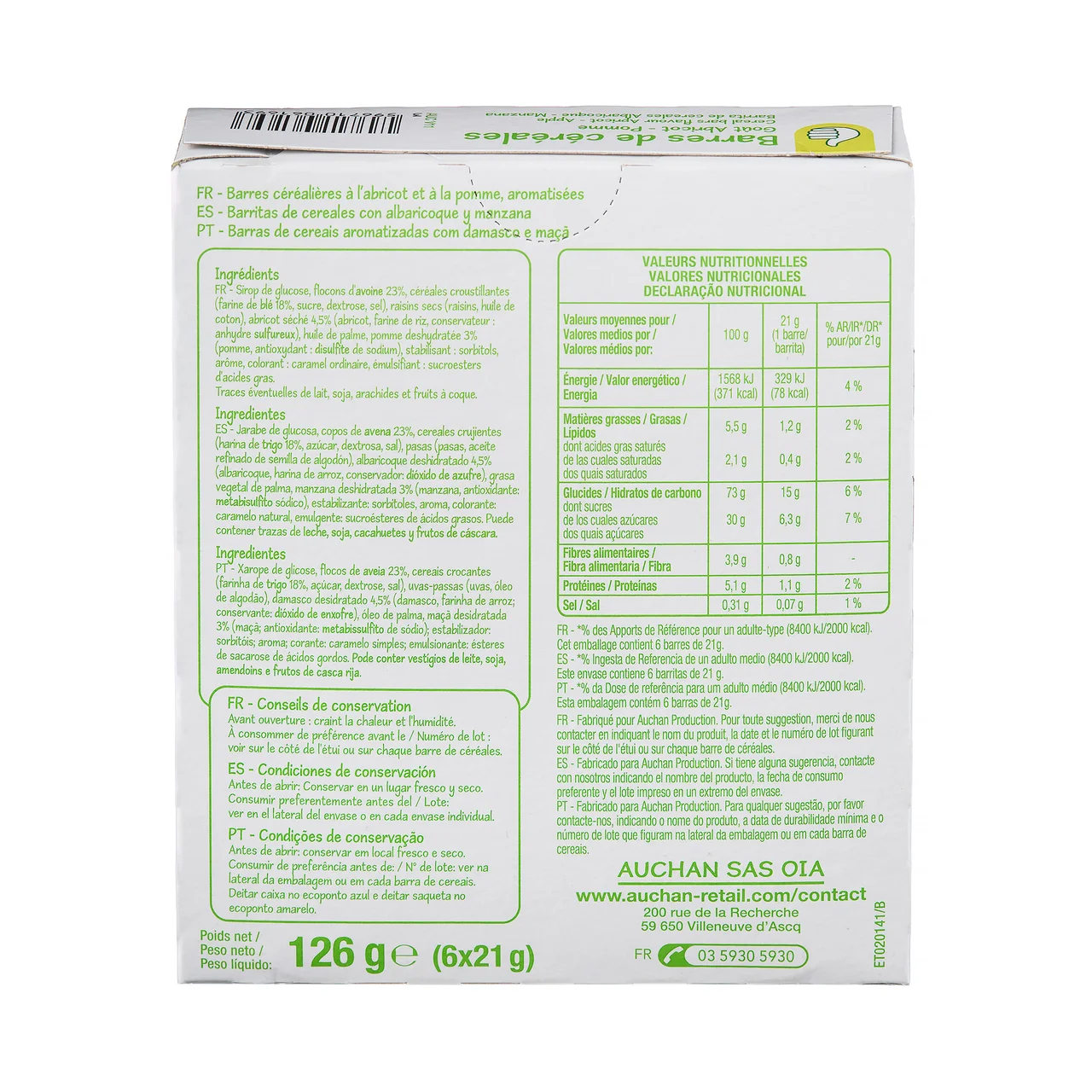 PRODUCTO ECONÓMICO ALCAMPO Cereales en barrita con manzana y albaricoque pack de 6 uds. x 21 gr
