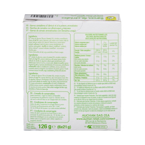 PRODUCTO ECONÓMICO ALCAMPO Cereales en barrita con manzana y albaricoque pack de 6 uds. x 21 gr
