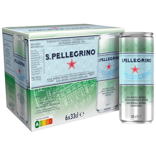SAN PELLEGRINO Agua mineral natural con gas lata pack 6 x 330 ml.