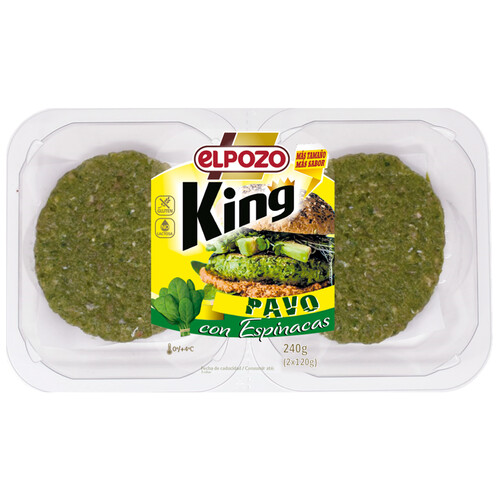 Burger meat de pavo con espinacas, elaboradas sin gluten ni lactosa  EL POZO King 2 x 120 g.