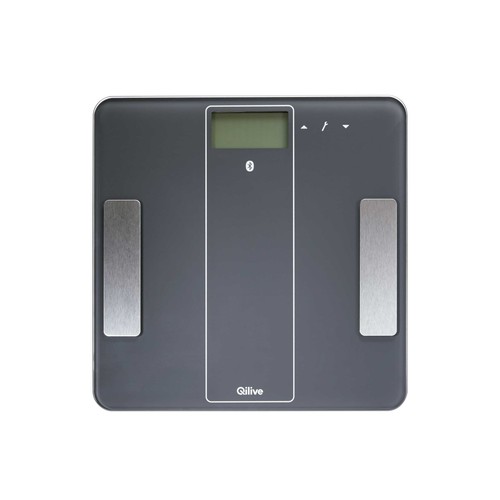 Báscula electrónica para baño, de color gris, con base de cristal templado y bluetooth QLIVE.
