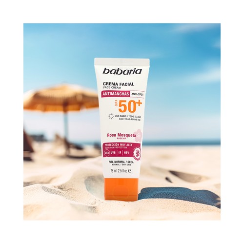 BABARIA Protector solar facial, anti manchas y anti arrugas con FPS 50+ (muy alto) 75 ml.