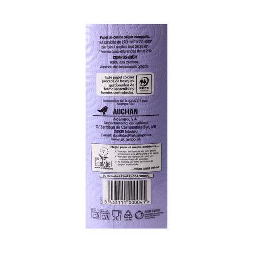 PRODUCTO ALCAMPO Papel de cocina supercompacto de doble capa y con certificado Ecolabel 2 uds.