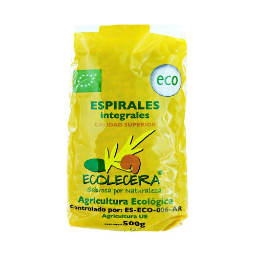 ECOLOCERA Pasta espirales ecológica, pasta compuesta integral de calidad superior ECOLECERA 500 g.