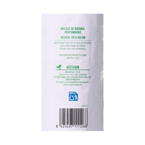 PRODUCTO ALCAMPO Bolsas de basura verde con autocierre capacidad 30 litros 55 x 60 cm 20 uds.