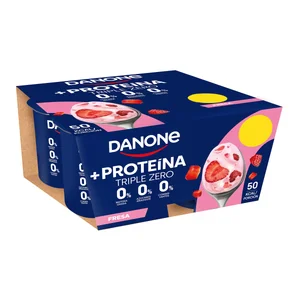 DANONE + Proteina Yogur 0 % materia grasa con proteína de origen natural y sabor a fresa 4 x 100 g.