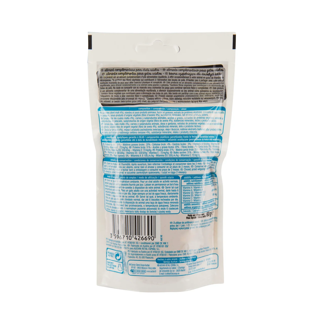 PRODUCTO ALCAMPO Snack premium para gatos adultos con control de bolas de pelo EXPERT 60 g.