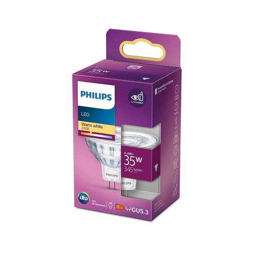 Bombilla led GU5.3, 5W=35W, luz cálida 2700K, 345lm, PHILIPS.