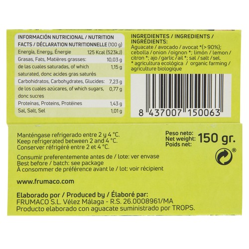 FRUDEL Guacamole 100 % vegetal ecológico FRUDEL 150 g.