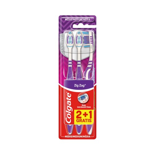 COLGATE Zig zag Cepillo de dientes medio, con filamentos cruzados y cuello flexible 3 uds.