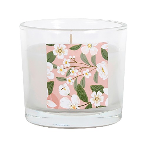 Vela pequeña en vaso de cristal, aroma de flores blancas, ALCAMPO.