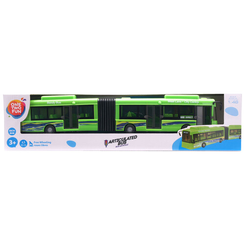 Autobús articulado con ruedas libres, 38cm, color rojo, blanco o verde surtido ONE TWO  FUN ALCAMPO.