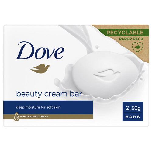 Pastilla de jabón de tocador con 1/4 de crema hidratante DOVE Beauty 2 x 90 g.
