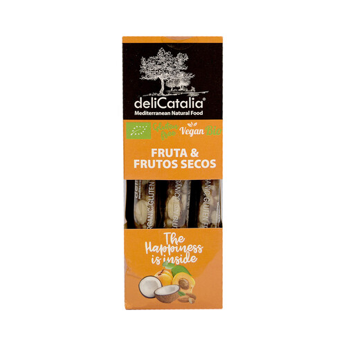 Barrita de fruta y frutos secos, vegan, gluten free y ecológica, DELICATALIA 3 uds. 90 g.