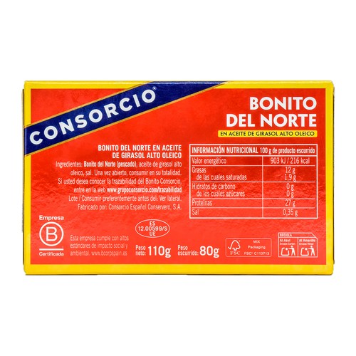 CONSORCIO Bonito en aceite de girasol alto oleico 80gr