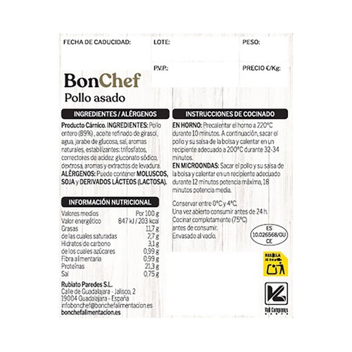BONCHEF Pollo asado en horno, listo para caletar y comer 900 g.