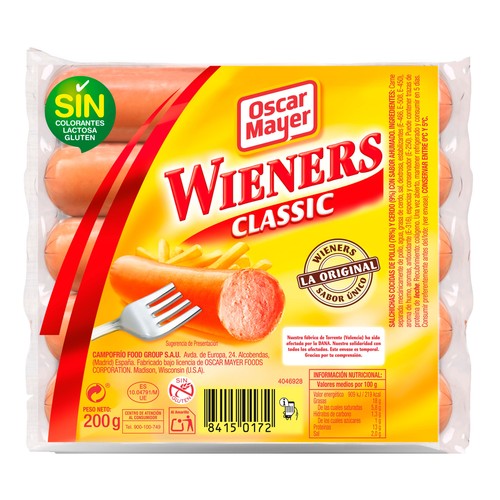 Salchichas de cerdo y pollo, cocidas y con sabor ahumado OSCAR MAYER Wieners 200 g.