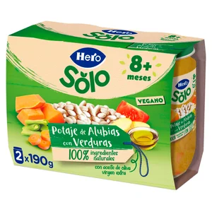 HERO Solo Tarritos de potaje de alubias con verduritas (textura con trocitos), a partir de 8 meses  2 x 190 g.