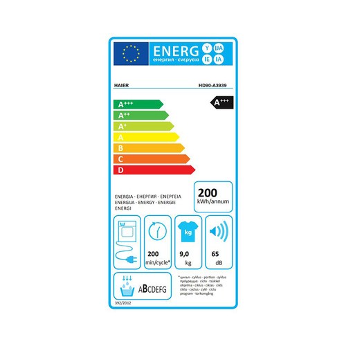 Secadora por condensación HAIER HD90-A3939-IB  capacidad de secado: 9KG,  H: 84,5cm, A: 59,5cm, F: 66,5cm.